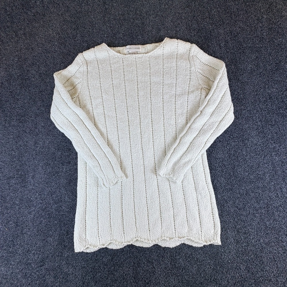 Casual Corner Sweater Womens Small Off White Knit Cotton Scalloped Hem Pullover